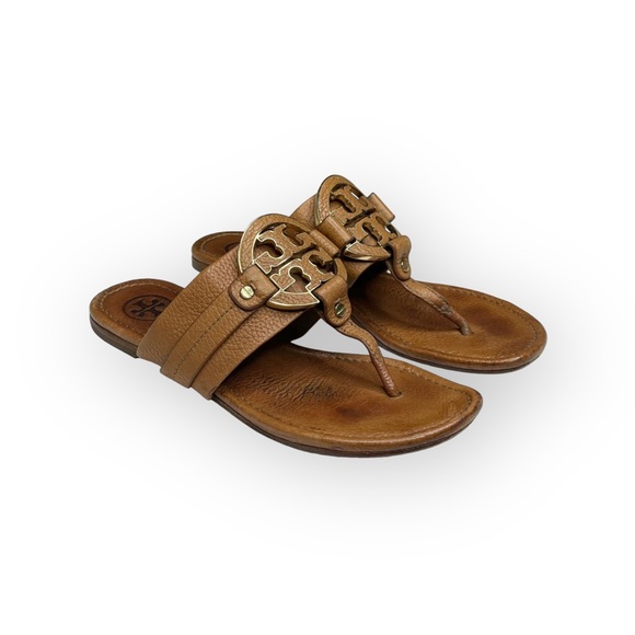 Tory Burch 𐮛 Amanda Double T Reva Thong Sandal 𐮛 Tan Leather 𐮛 Miller 𐮛 8.5 - Picture 12 of 17